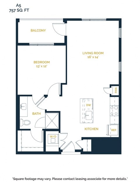 Floor plan for 1 bed, 1 bath, 757 sqft