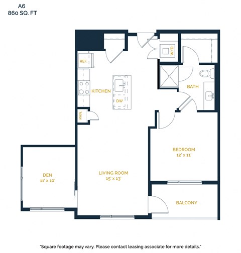Floor plan for 1 bed, 1 bath, 858 sqft