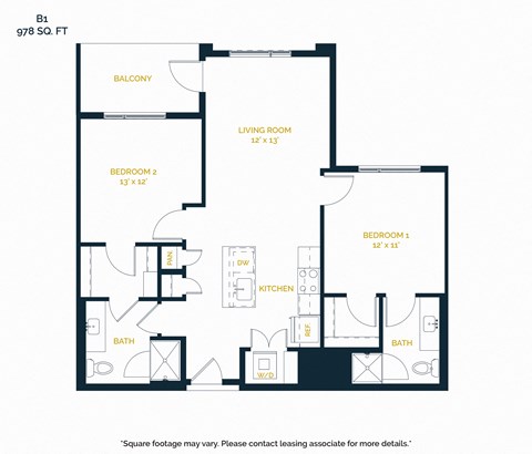 Floor plan for 2 beds, 2 baths, 978 sqft