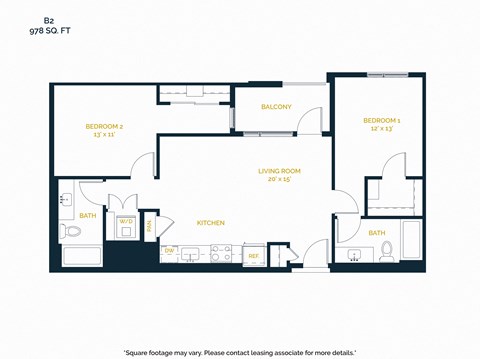 Floor plan for 2 beds, 2 baths, 978 sqft