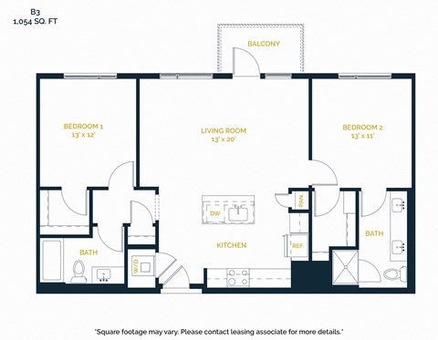 Floor plan for 2 beds, 2 baths, 1054 sqft