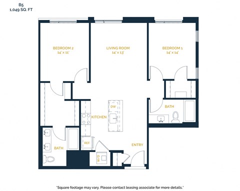 Floor plan for 2 beds, 2 baths, 1049 sqft