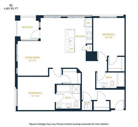 Floor plan for 2 beds, 2 baths, 1187 sqft