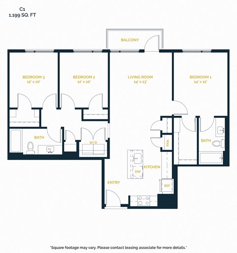 Floor plan for 3 beds, 2 baths, 1199 sqft