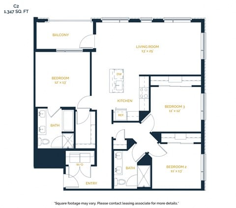 Floor plan for 3 beds, 2 baths, 1347 sqft