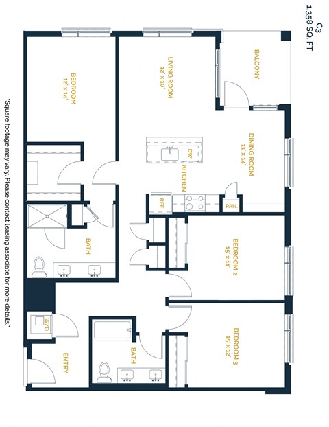 Floor plan for 3 beds, 2 baths, 1358 sqft