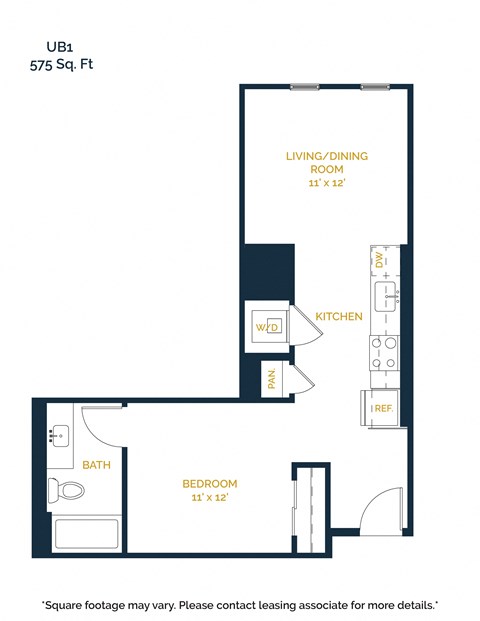 Floor plan for studio, 1 bath, 573 sqft