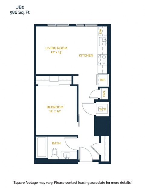 Floor plan for 1 bed, 1 bath, 586 sqft