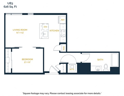 Floor plan for 1 bed, 1 bath, 626 sqft
