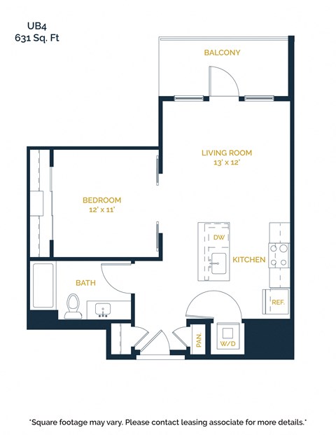 Floor plan for 1 bed, 1 bath, 631 sqft