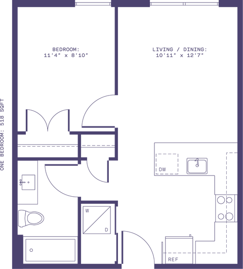 Floor plan for 1 bed, 1 bath, 518 sqft