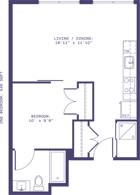Floor plan for 1 bed, 1 bath, 546 sqft