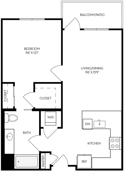 Floor plan for 1 bed, 1 bath, 693 sqft