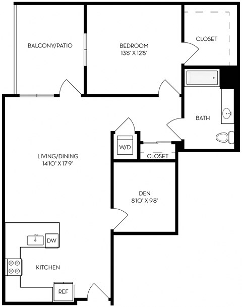 Floor plan for 1 bed, 1 bath, 1000 sqft