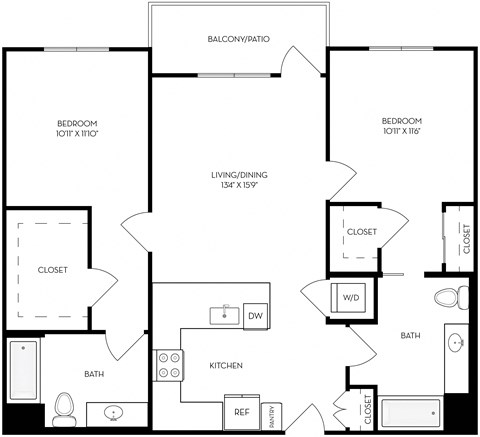 Floor plan for 2 beds, 2 baths, 1070 sqft