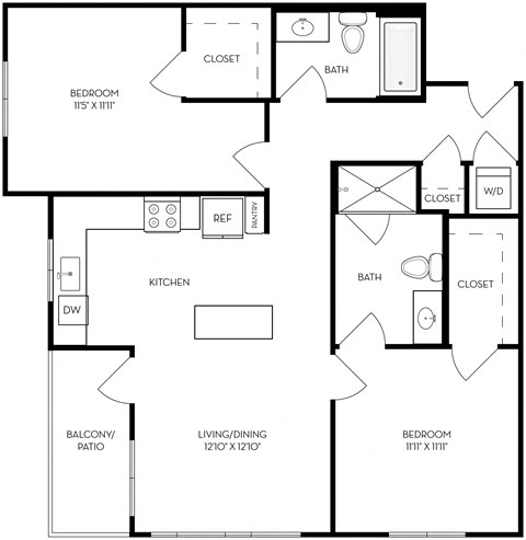 Floor plan for 2 beds, 2 baths, 1035 sqft