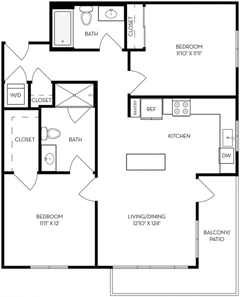 Floor plan for 2 beds, 2 baths, 995 sqft