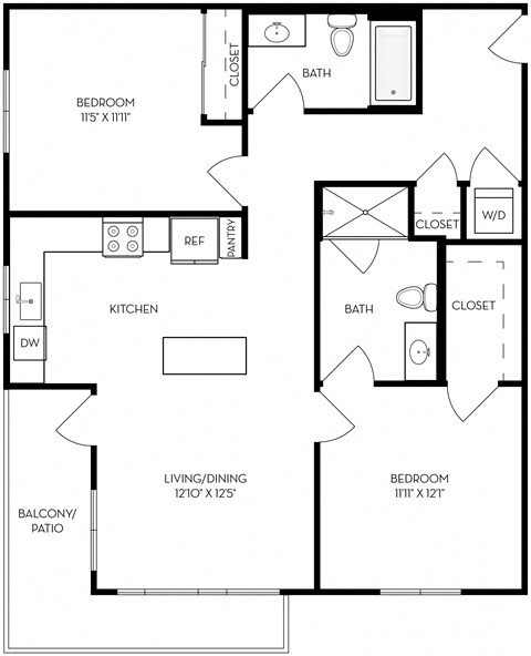 Floor plan for 2 beds, 2 baths, 1035 sqft