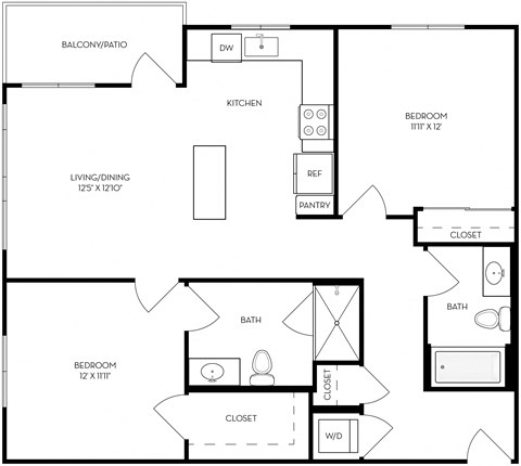 Floor plan for 2 beds, 2 baths, 1001 sqft
