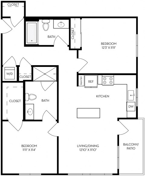 Floor plan for 2 beds, 2 baths, 999 sqft