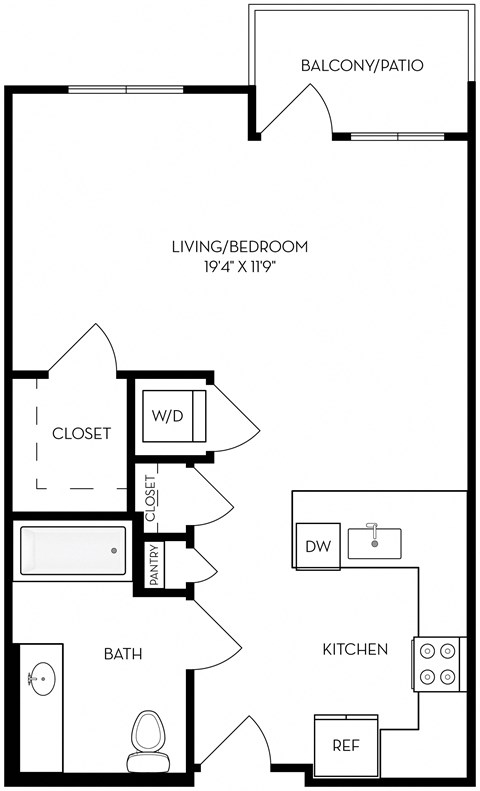 Floor plan for studio, 1 bath, 579 sqft
