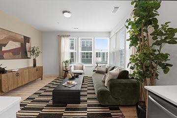 Charlotte apartment for rent - A living room with a green couch, a coffee table, and a large painting on the wall.