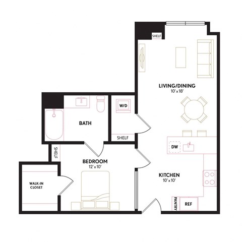 Floor plan for 1 bed, 1 bath, 695 sqft