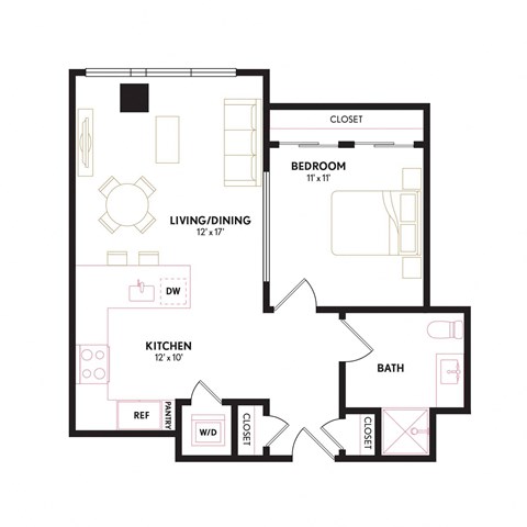 Floor plan for 1 bed, 1 bath, 687 sqft