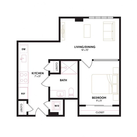Floor plan for 1 bed, 1 bath, 558 sqft
