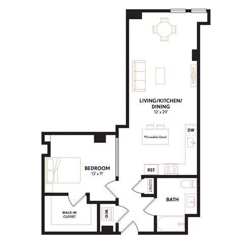 Floor plan for 1 bed, 1 bath, 859 sqft