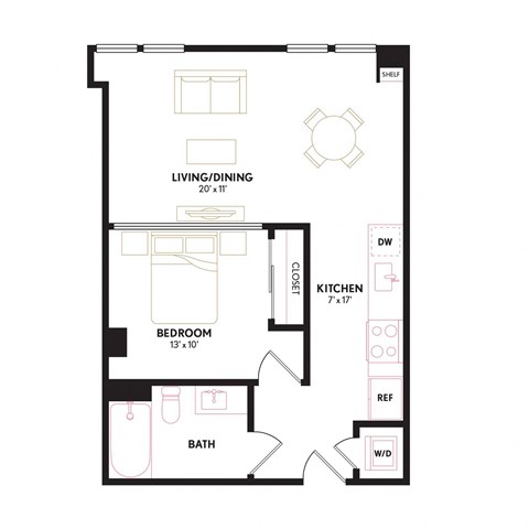 Floor plan for 1 bed, 1 bath, 623 sqft