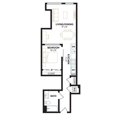Floor plan for 1 bed, 1 bath, 684 sqft