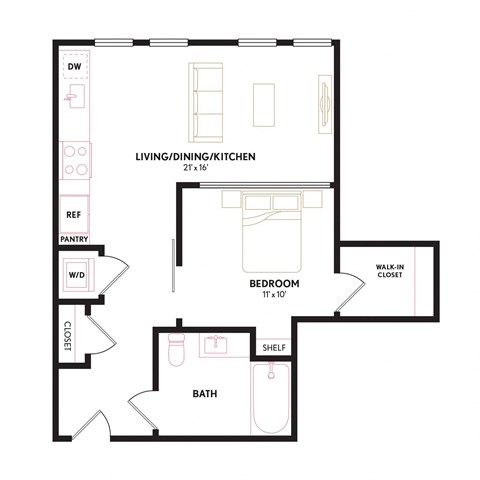 Floor plan for 1 bed, 1 bath, 658 sqft