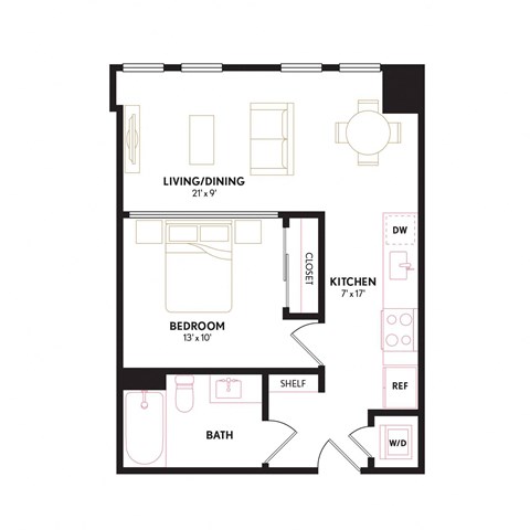 Floor plan for 1 bed, 1 bath, 593 sqft