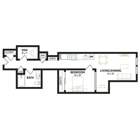 Floor plan for 1 bed, 1 bath, 769 sqft
