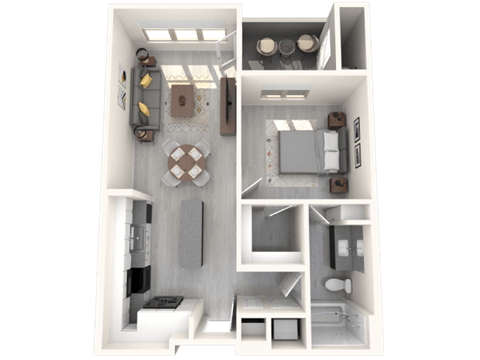 Floor plan for 1 bed, 1 bath, 678 sqft