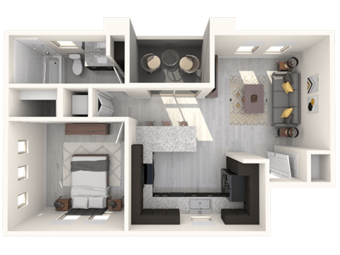 Floor plan for 1 bed, 1 bath, 630 sqft