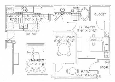 Floor plan for 1 bed, 1 bath, 798 sqft