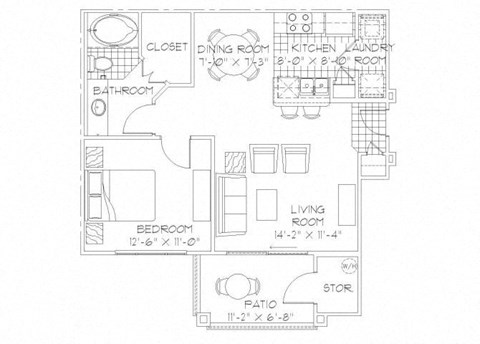Floor plan for 1 bed, 1 bath, 716 sqft