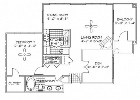 Floor plan for 2 beds, 1 bath, 920 sqft