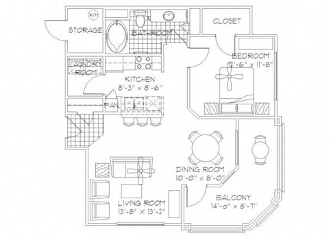 Floor plan for 1 bed, 1 bath, 791 sqft