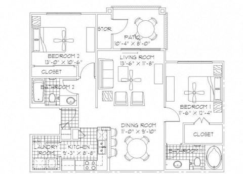 Floor plan for 2 beds, 2 baths, 1016 sqft