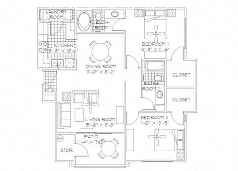 Floor plan for 2 beds, 2 baths, 1096 sqft