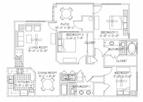 Floor plan for 3 beds, 2 baths, 1366 sqft