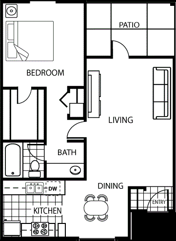 Floor plan for 1 bed, 1 bath, 720 sqft