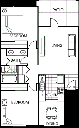 Floor plan for 2 beds, 1 bath, 930 sqft