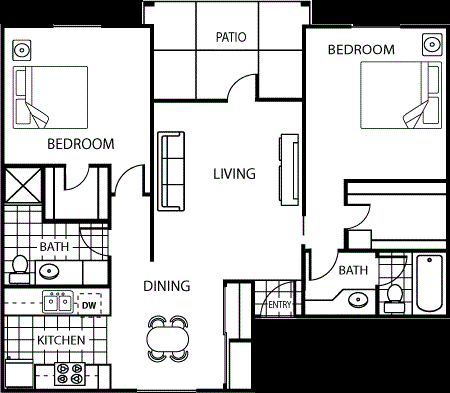 Floor plan for 2 beds, 2 baths, 1000 sqft