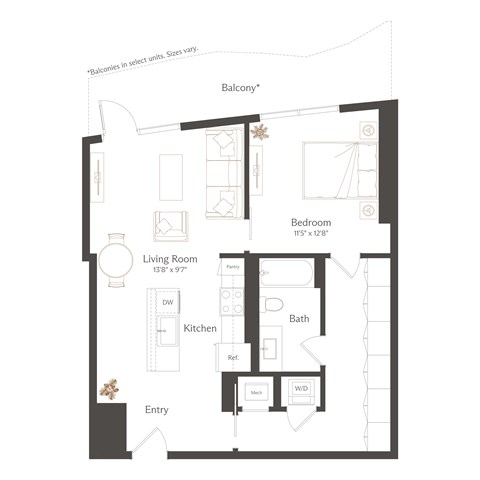 Floor plan for 1 bed, 1 bath, 784 sqft