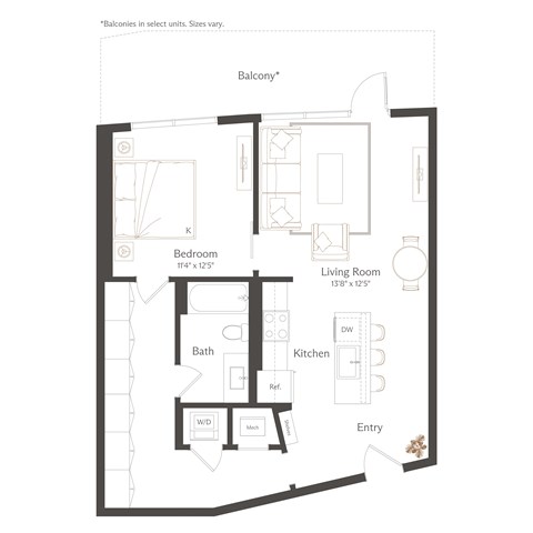 Floor plan for 1 bed, 1 bath, 811 sqft