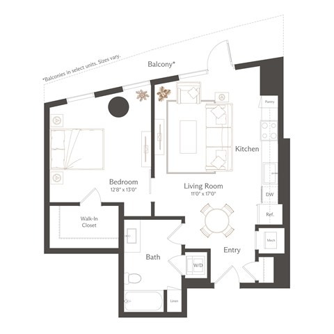 Floor plan for 1 bed, 1 bath, 702 sqft